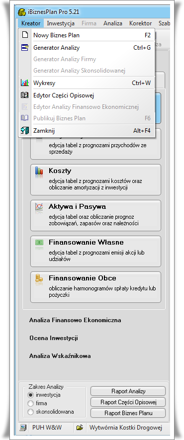 Okno główne programy iBiznesPlan Pro